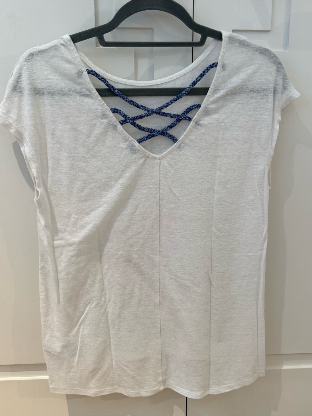 Women’s White V-Neck Top with Blue Tie Back - Linen
